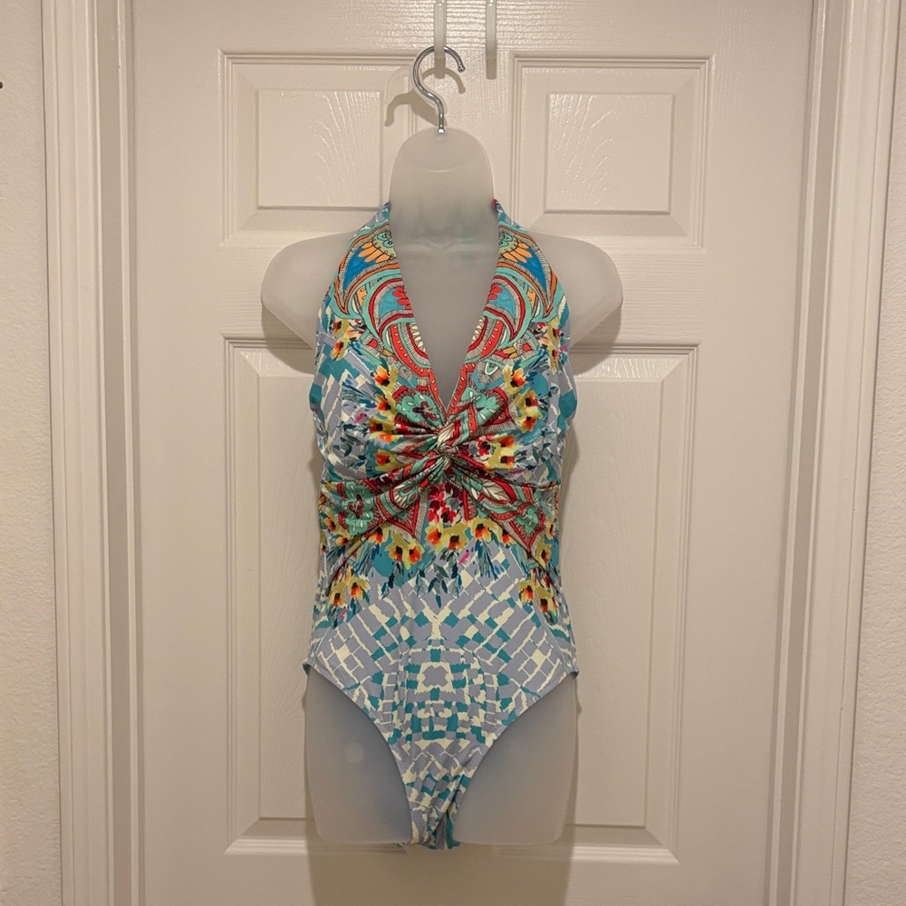 Johnny Was Turquoise Multi Floral Twist Halter One-Piece New